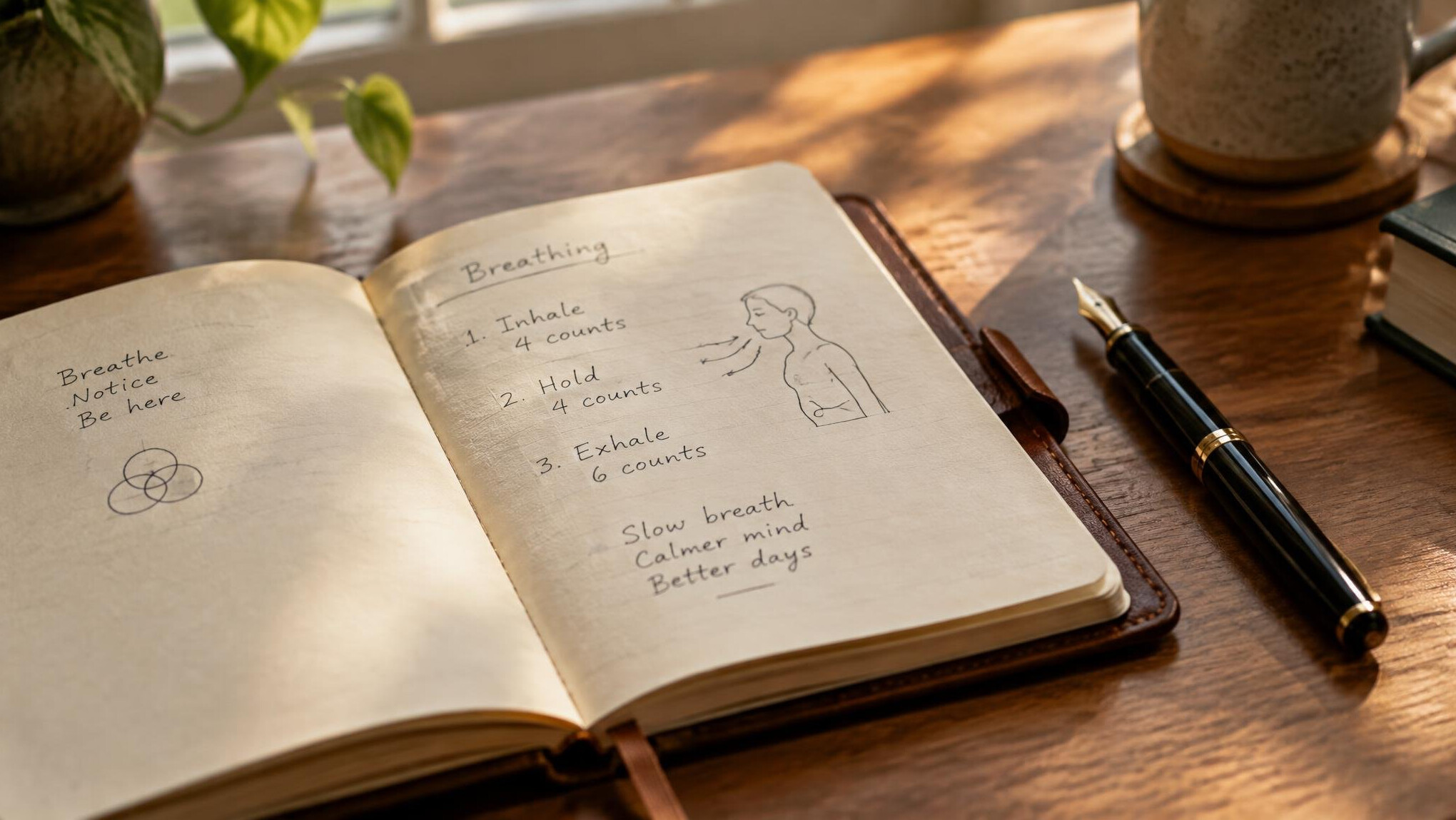 Open notebook with handwritten breathing exercise notes on a wooden desk