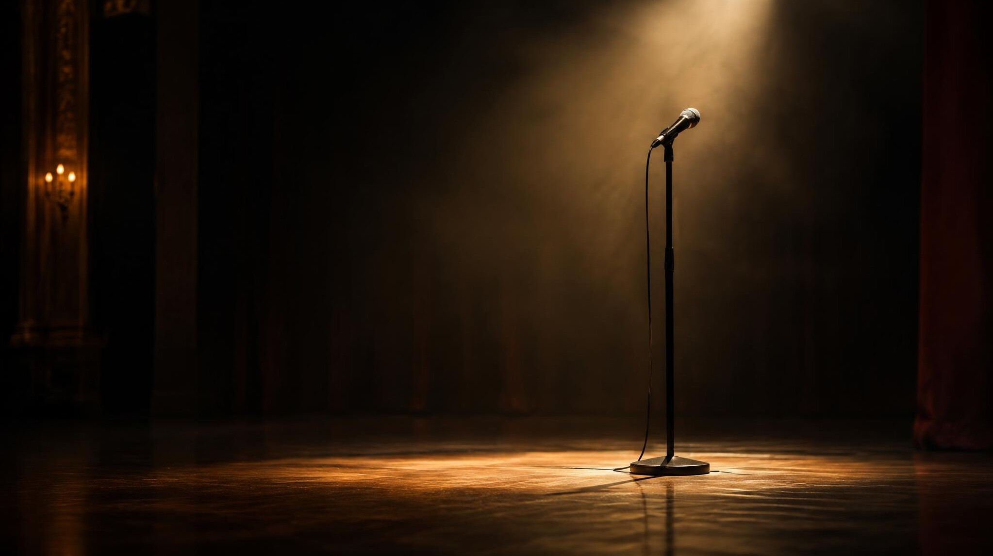 Empty elegant stage with a single spotlight and standing microphone