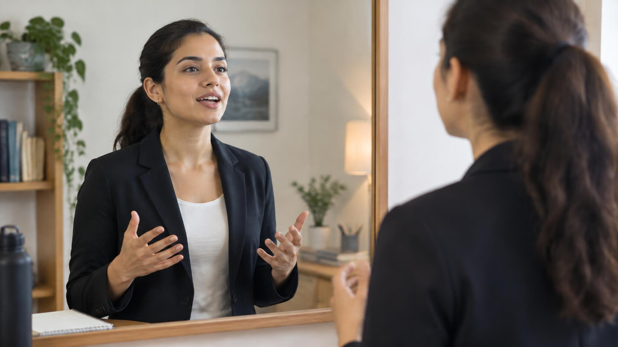 person practicing speech in mirror