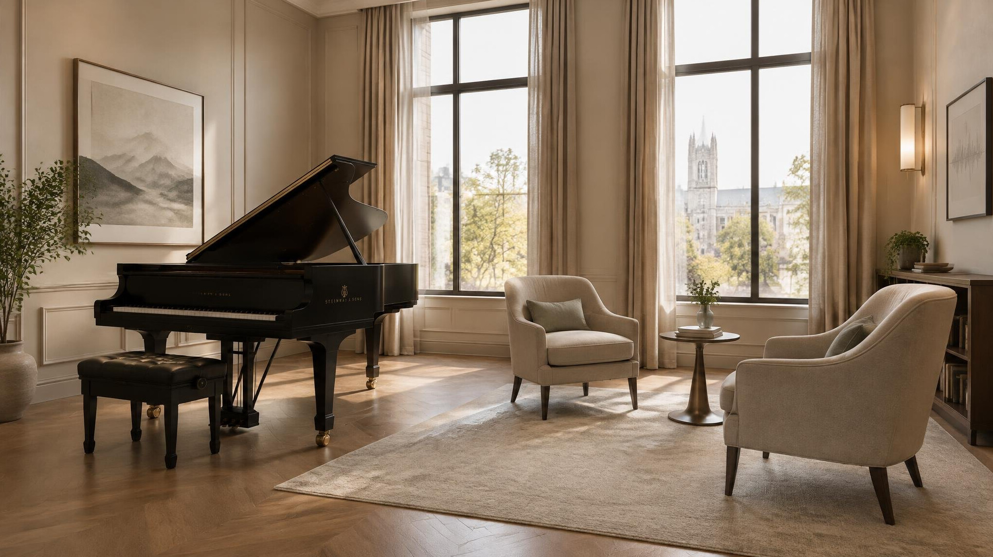Elegant interior of a speech training studio with a grand piano and chairs