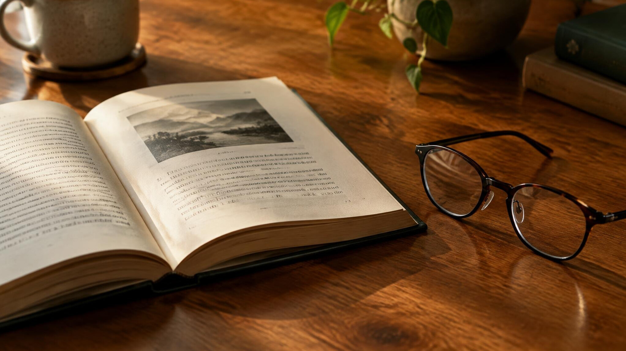Open book and reading glasses on a wooden table in soft light