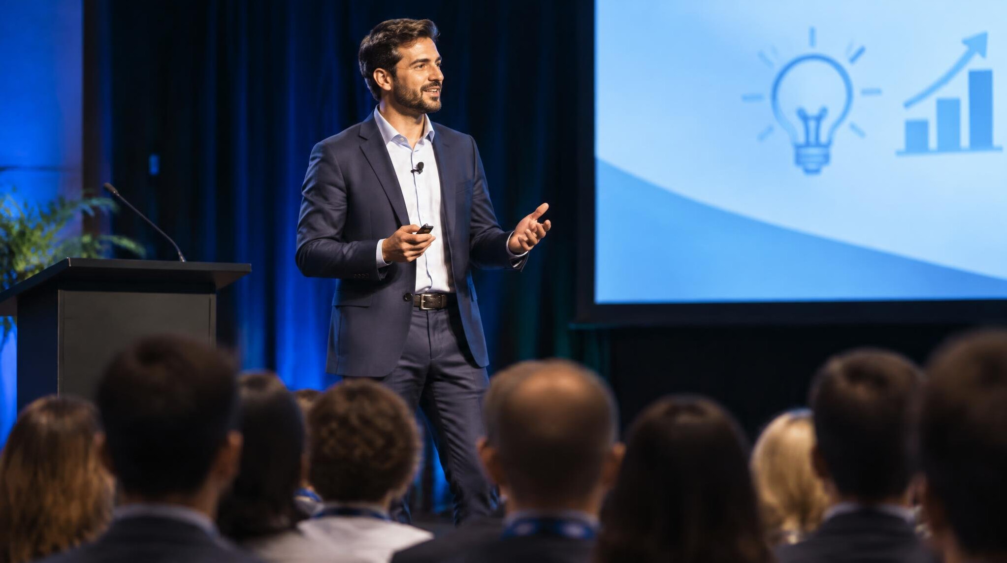 person delivering speech on stage