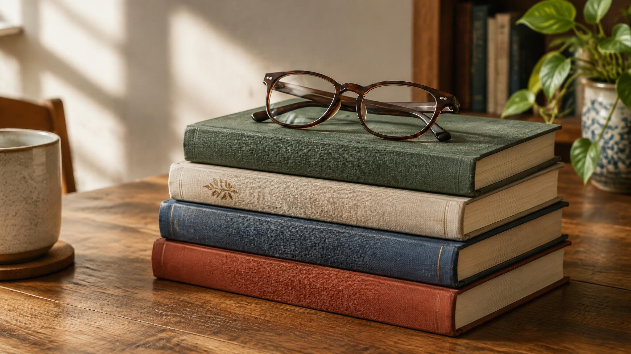Stack of books and reading glasses on a wooden table