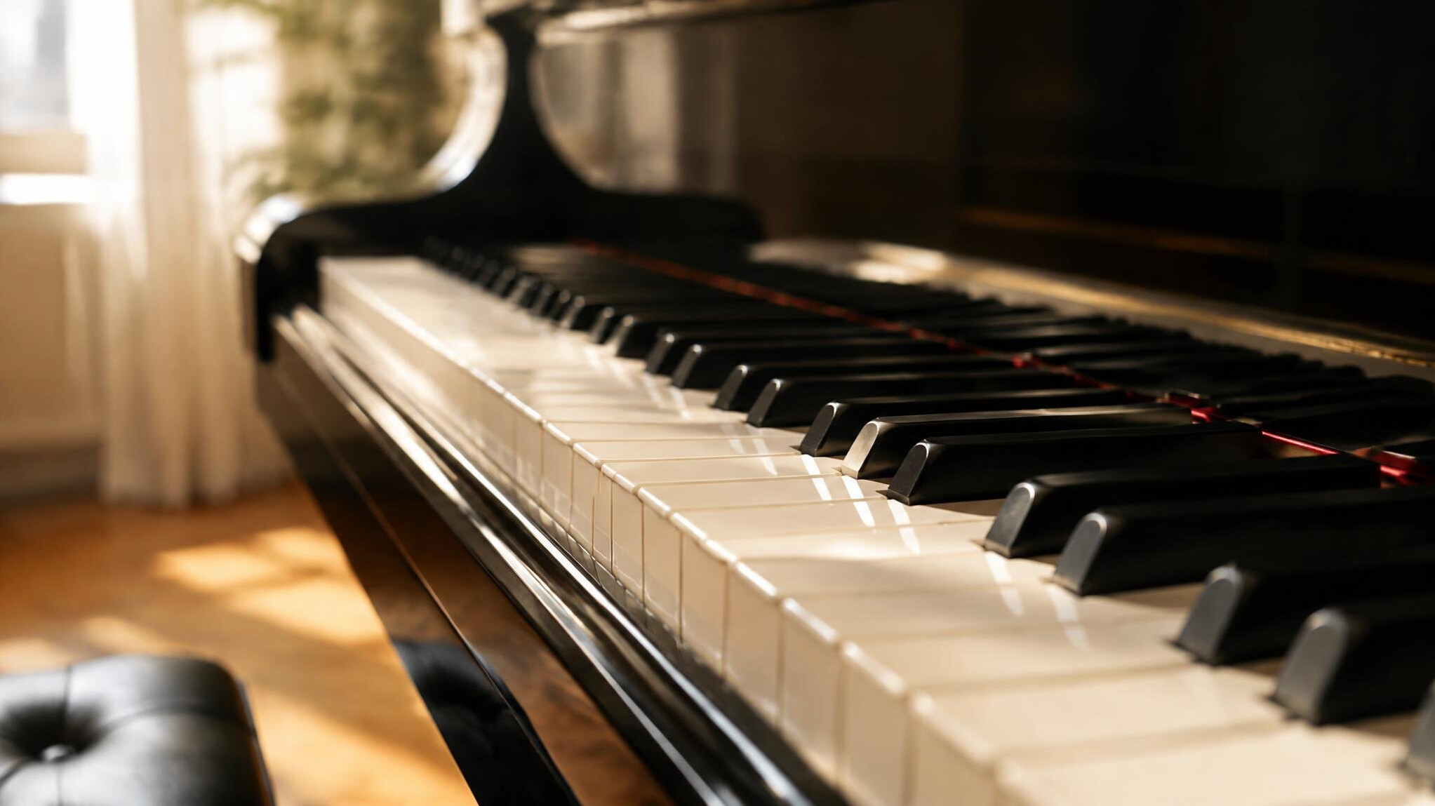 Close-up of grand piano keys in soft light
