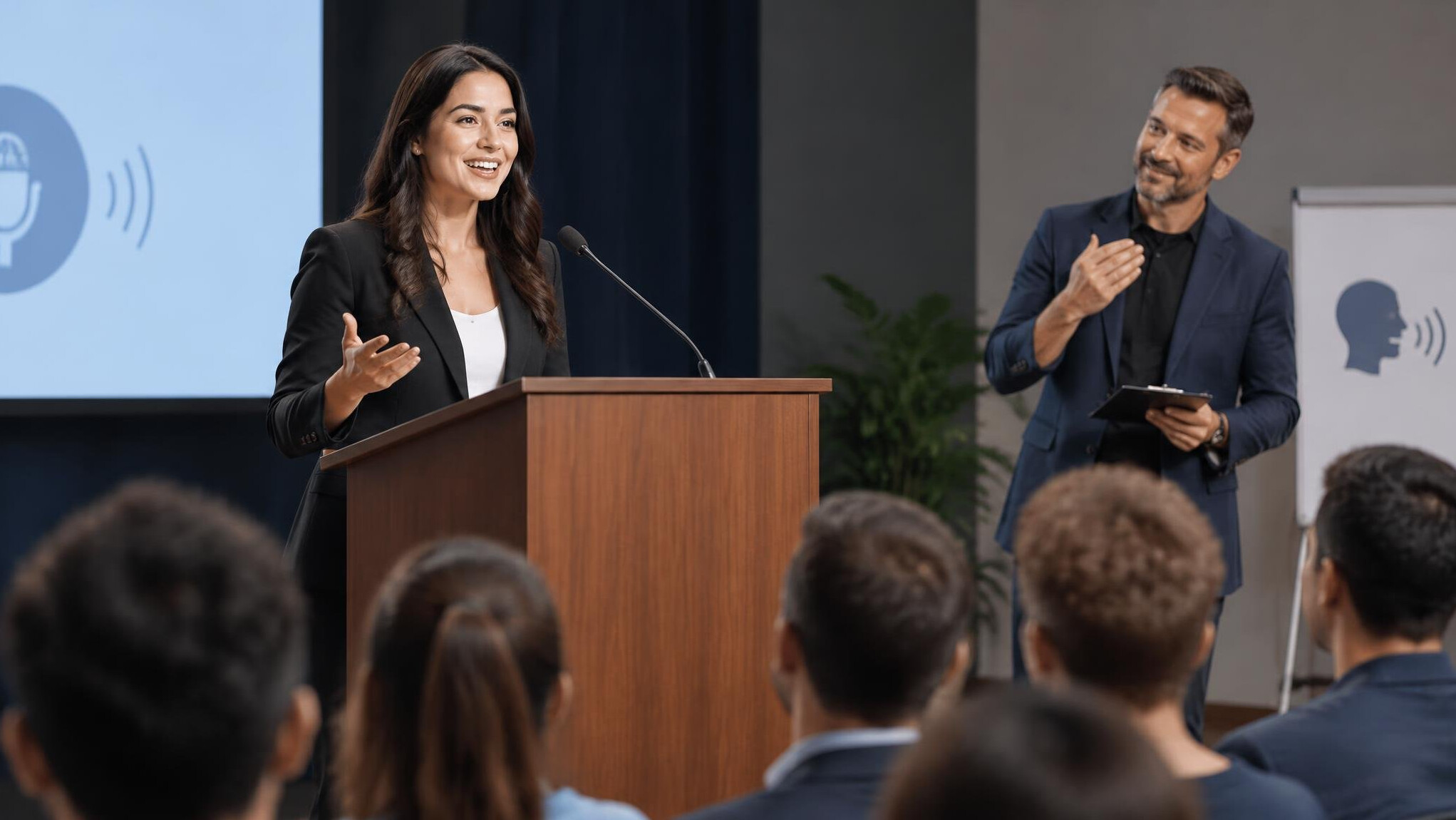 confident speaker on podium