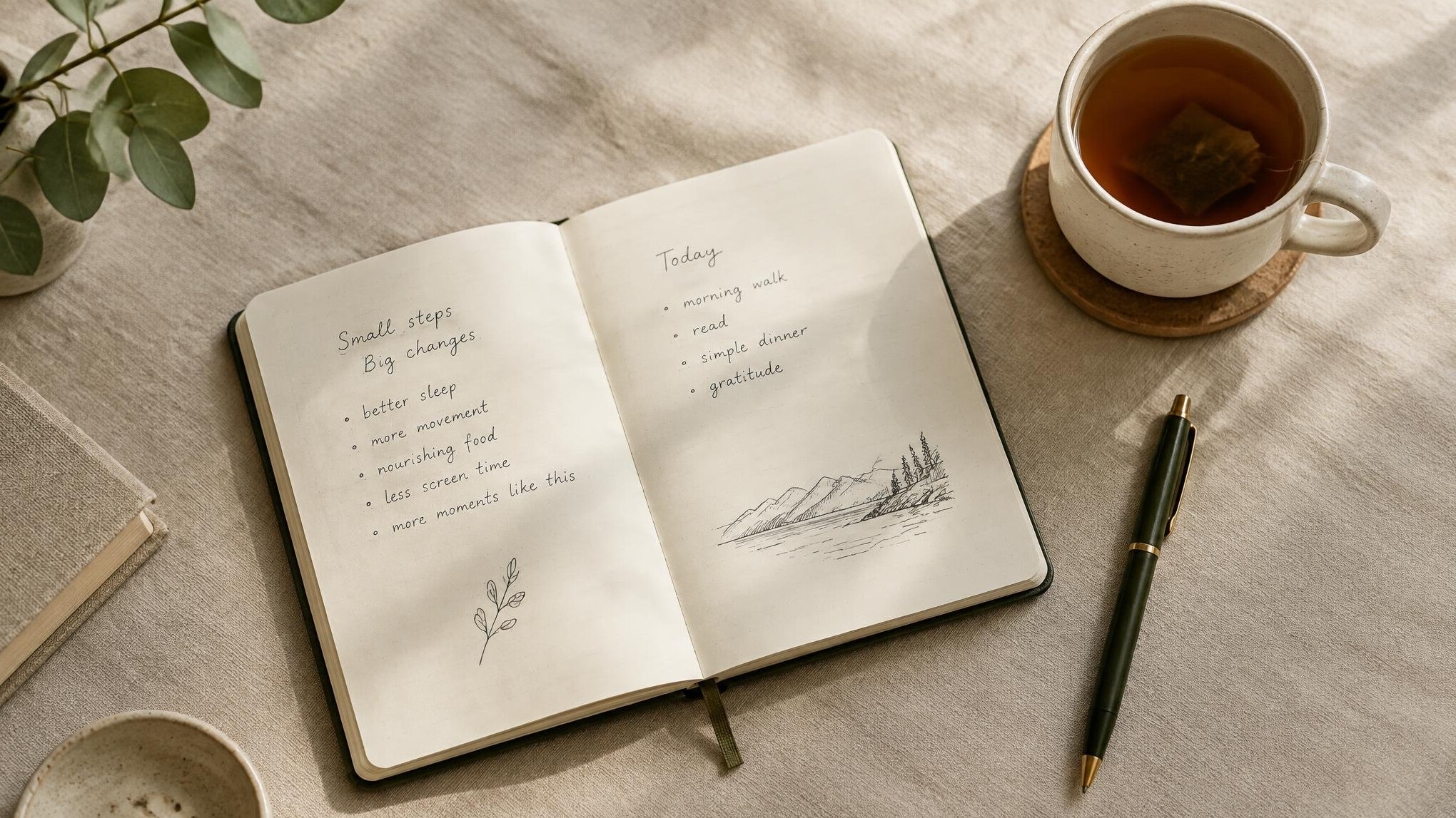 Open notebook with handwritten notes and a cup of tea on a table