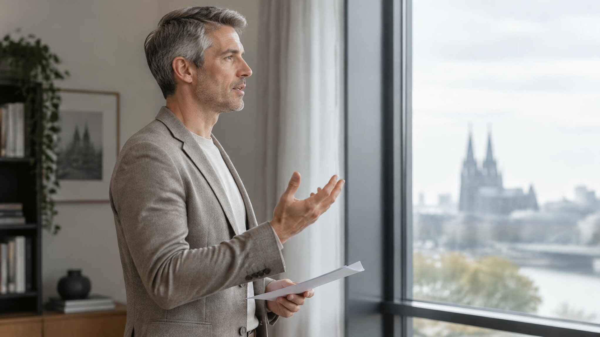 Man rehearsing a speech near a large window with a natural hand gesture