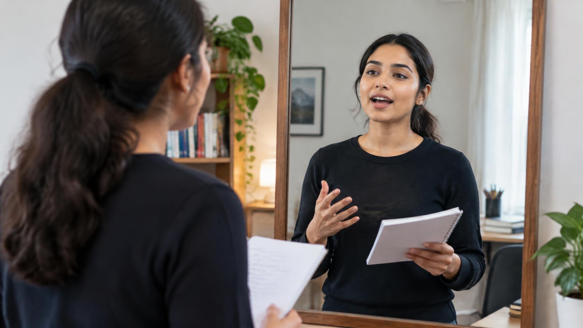 woman practicing speech in mirror